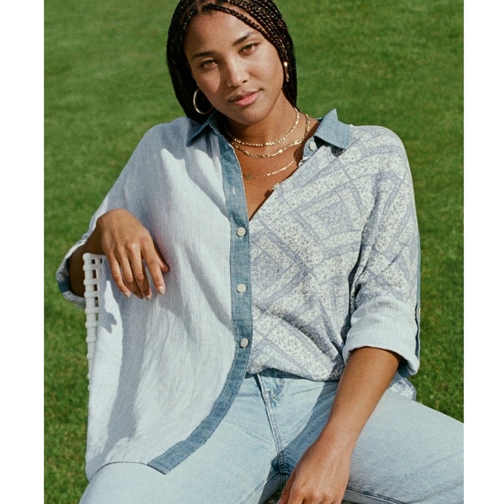American Eagle Oversized Button Down Shirt Small Blue Patchwork BOHO Chambray